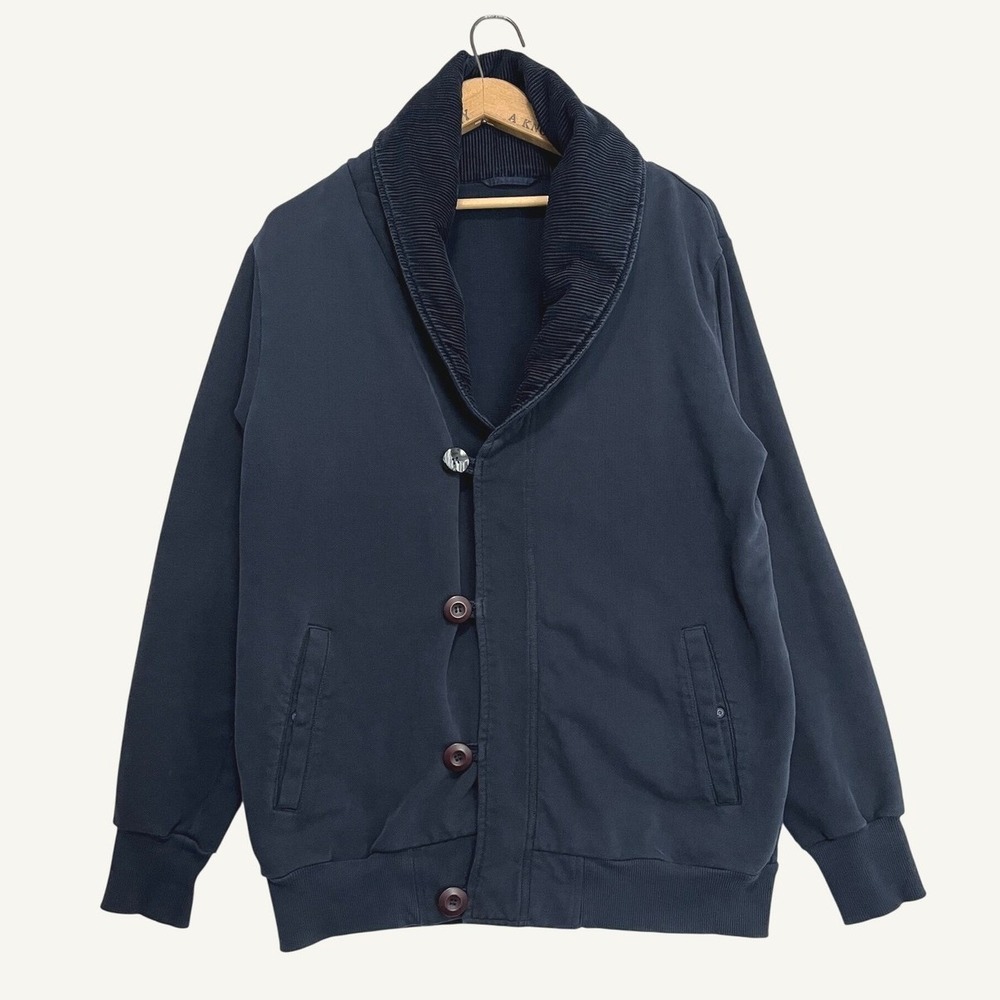 Maharishi MHI Mens Navy Blue Pique Fleece Shawl Collar Cardigan Jacket Size L